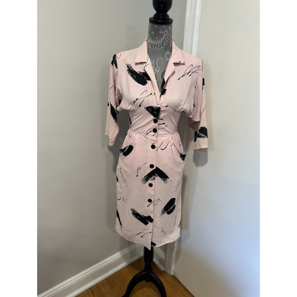 P.V. Rich Vintage 60s 70s Abstract Button Down Dress Sz: 5/6 Pink Polyester